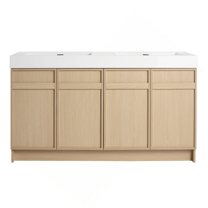 Meuble-lavabo moderne avec double lavabo et rangement abondant, rehaussant le style de la salle de bain