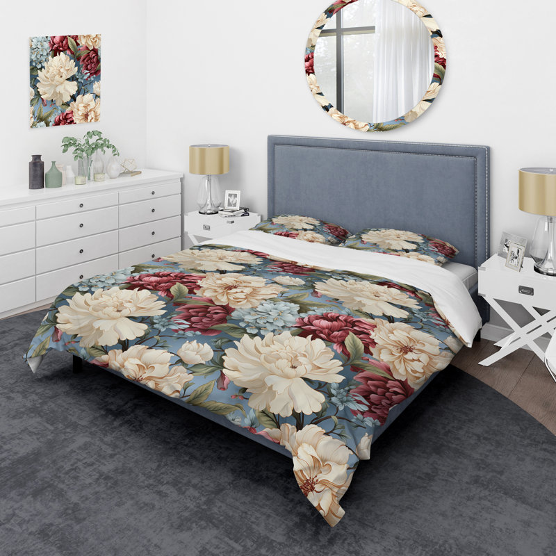 Ensemble de housse de couette Beige Timeless Peony Delights I, Housse de couette simple + 1 taie décorative stan