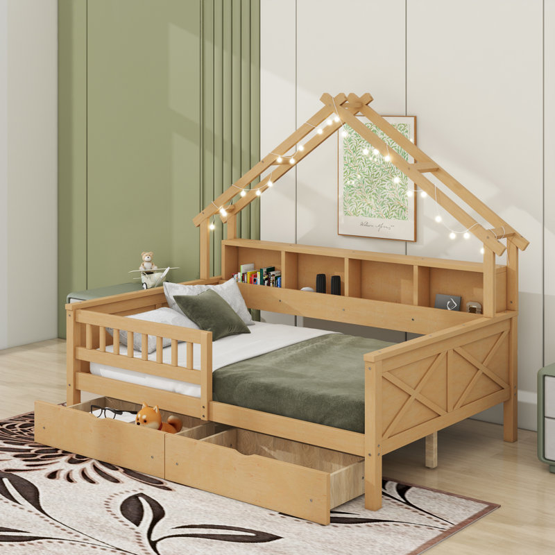 Lits plateforme en bois pleine grandeur avec DEL, tablettes de rangement, tiroirs et garde-corps, Naturel