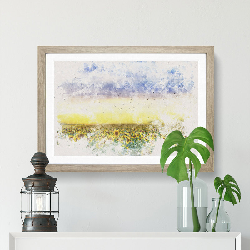 Flock of Birds Above Sunflowers - Picture Frame Painting Print, 40cm H x 60cm W x 2cm D, Oak Framed