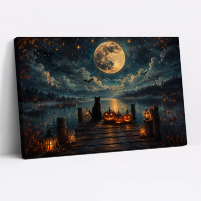 Art mural sur toile, "Chat noir et citrouilles incandescentes sur lune"