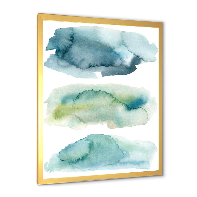 «Blue and Green Clouds I», peinture sur toile encadrée, H 40 po x l 30 po x 1,5 po, Toile encadrée d'or