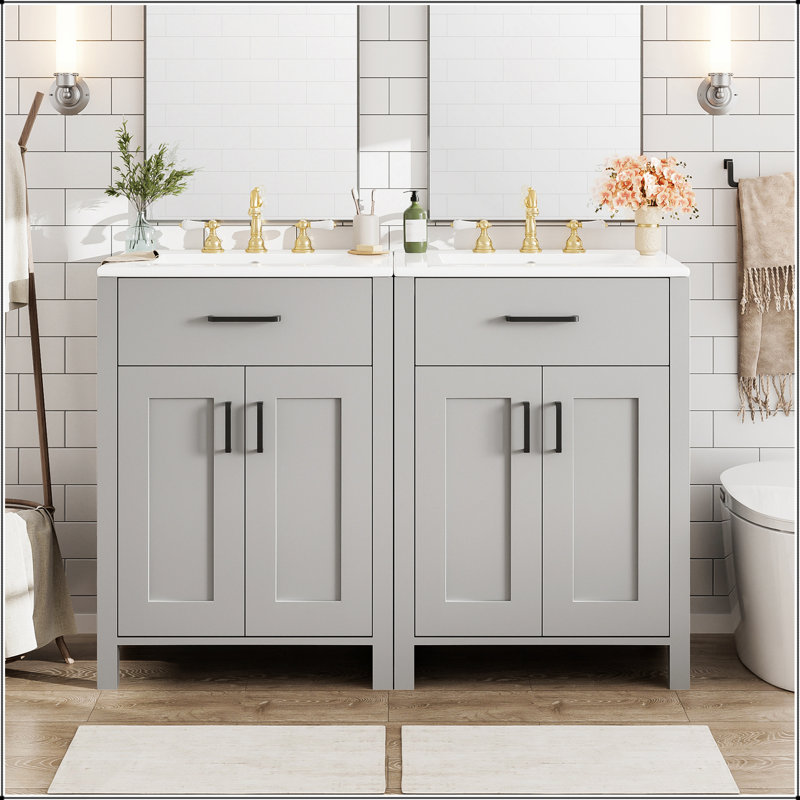 Meuble-lavabo moderne de 48 pouces avec lavabo en céramique, portes à fermeture en douceur, tiroir rabattable, tablettes de porte à double couche, solution de rangement élégante