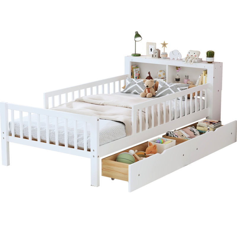 Lit simple avec rangement pour tête de lit et garde-corps - Options blanc moderne généreux, Blanc