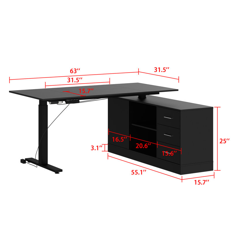 Lorentz Adjustable L-Shaped Metal Base Standing Desk, Black/Black