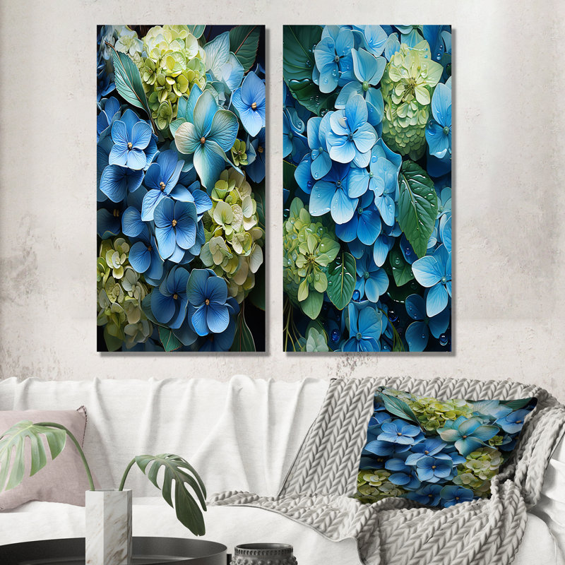 Fleurs d'hortensia méticuleusement rendues - ensemble d'art mural sur toile hydrangées de 2, H 28 po x l 25 po, Toile tendue