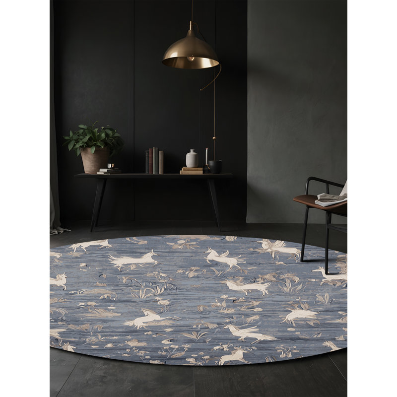 Machine Washable Blue Area Rug, Round 3'