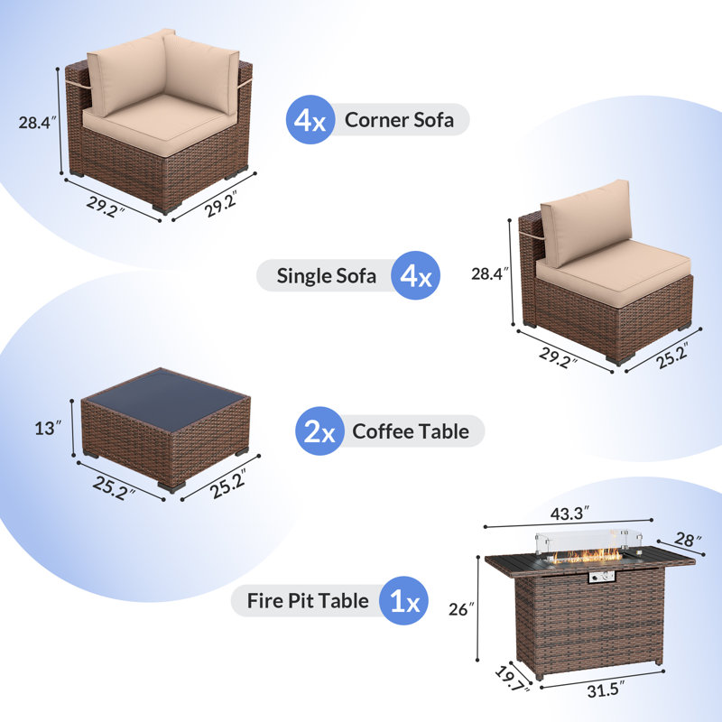Mecayla 8-Person Rattan Wicker Set with Fire Pit Table, Khaki