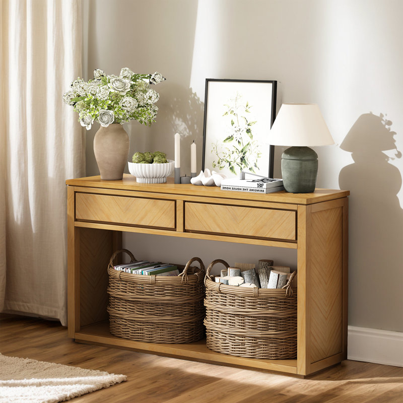 55" Console Table - Rustic Wooden Entryway Table, Storage Drawers And Open Shelf, Ideal For Living Room And Hallway Decor
