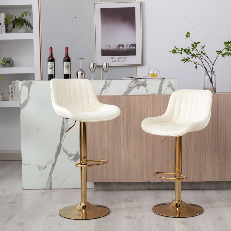 Repose-pieds chromé et base pivotante en velours à hauteur réglable et tabouret de bar simple doré, ensemble de 2, ivoire