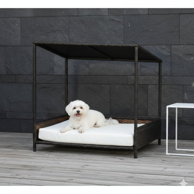 Maison surélevée de style rotin pour chiens, fini en brun.