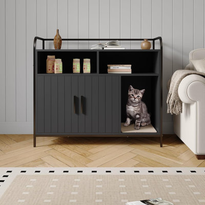 Modern Cat Litter Box Enclosure with Metal Frame – Dual Storage Shelves & Ventilation – Hidden Cat Litter Cabinet – Multi-Functional Indoor Cat House, Dog Proof, Fits Most Litter Boxes – Black