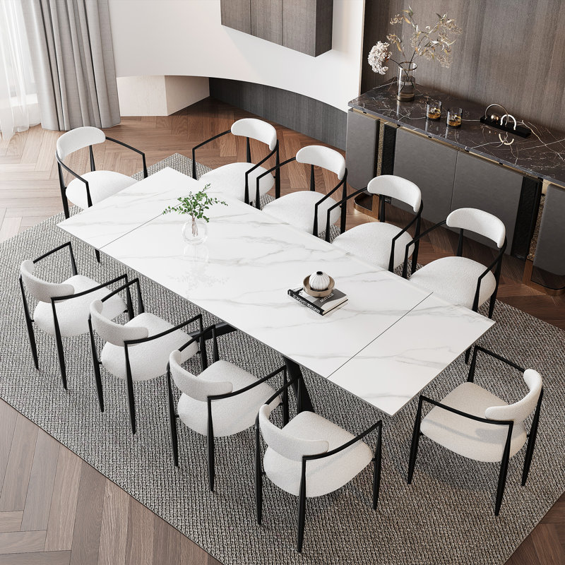 Louina 70.8" to 102.3" Extendable Rectangular Dining Table with Fabric Chairs Dining Set, 11, White/Black, White