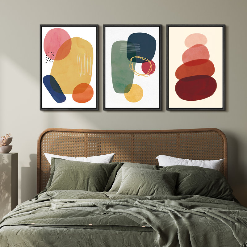 Abstract Vibrant Color Blocks - Geometric Circle Boho Colorful Picture 3 Piece Canvas Print Wall Art, 36" H x 72" W x 1.5" D