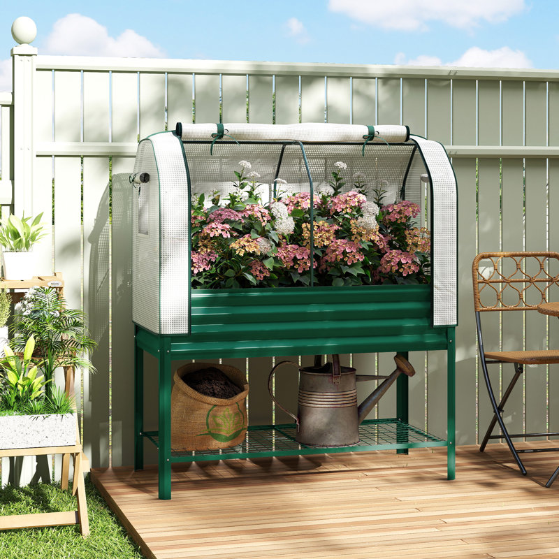 Galvanised Raised Garden Bed with Greenhouse Cover, Metal Elevated Garden Bed with Legs, Bed Liner and Bottom Shelf, Outdoor Raised Planter Box for Vegetables, Herbs, Flowers, Green