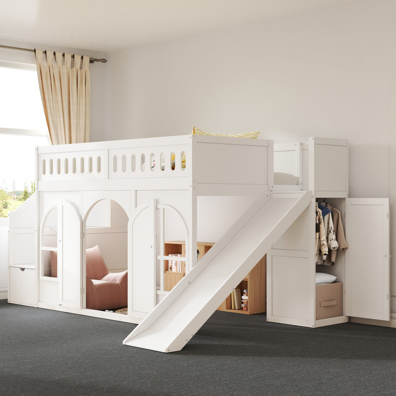 Lit mezzanine avec glissade et escalier de rangement Castlewood, Lit simple, Blanc