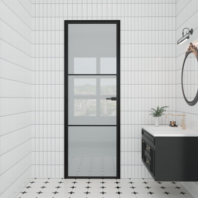 Interior 3-Lite Frosted Glass Aluminun Door Slab Black Finished With Aluminun Jamb And Knob