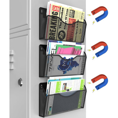Lot de 3 porte-documents magnétiques muraux sans perçage, organisateur de magazines et de documents, support magnétique pour réfrigérateur et bureau, noir