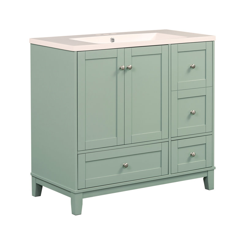 Meuble-lavabo moderne 36 po avec chargement USB, deux portes et trois tiroirs avec rangement, Vert