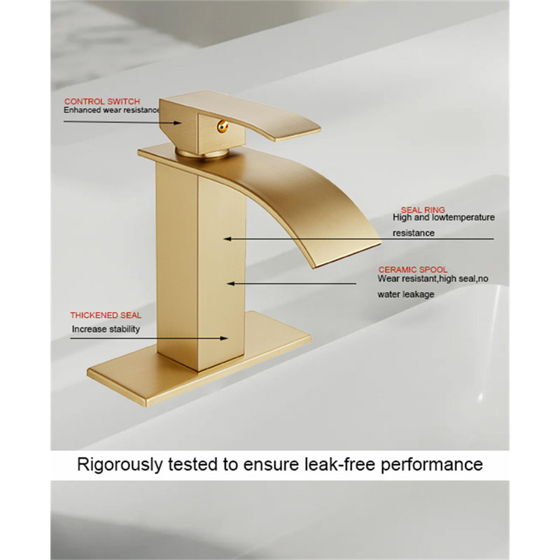 Commercial-Grade Single Handle Waterfall Bathroom Faucet With Pop-Up Drain, Brushed Gold