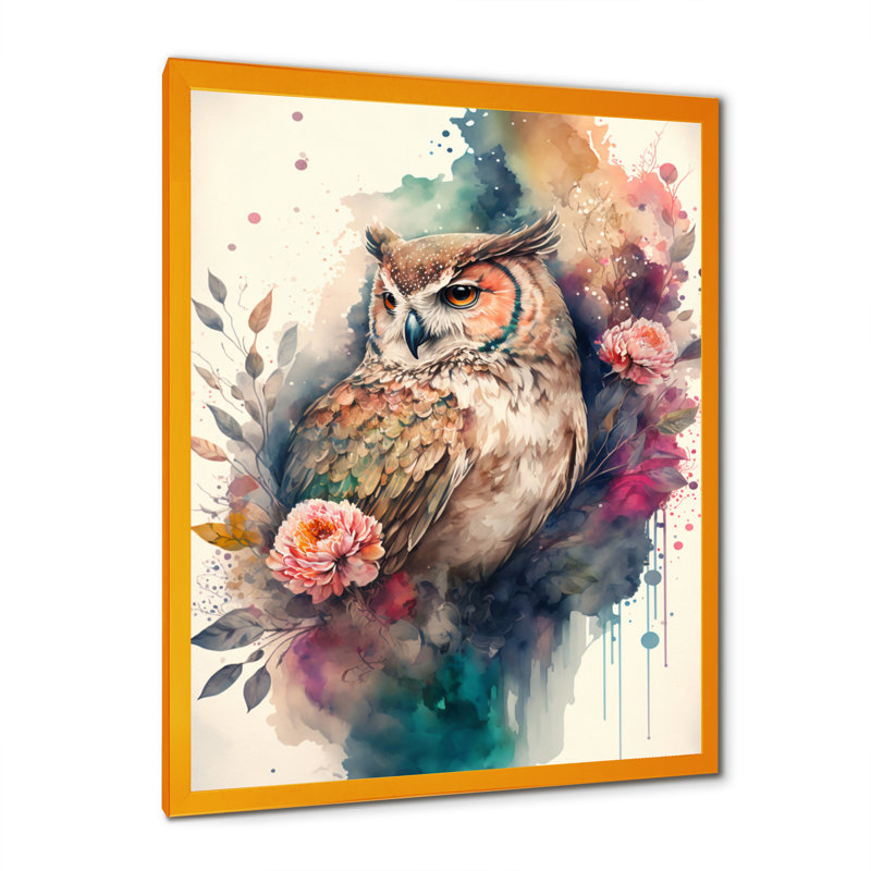 «Cute Owls Floral II», impression sur toile, H 20 po x l 12 po x P 1 po, Cadre photo doré