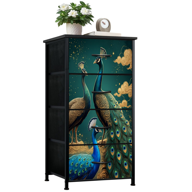 Commode pour la chambre à coucher avec 4 tiroirs de rangement Trio de paons élégants Plumes colorées Célestes de nuages Commodes Commode en acier à armoires en tissu
