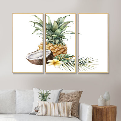 Ananas avec noix de coco, plumeria et feuilles de palmier - peinture sur toile 3 pièces