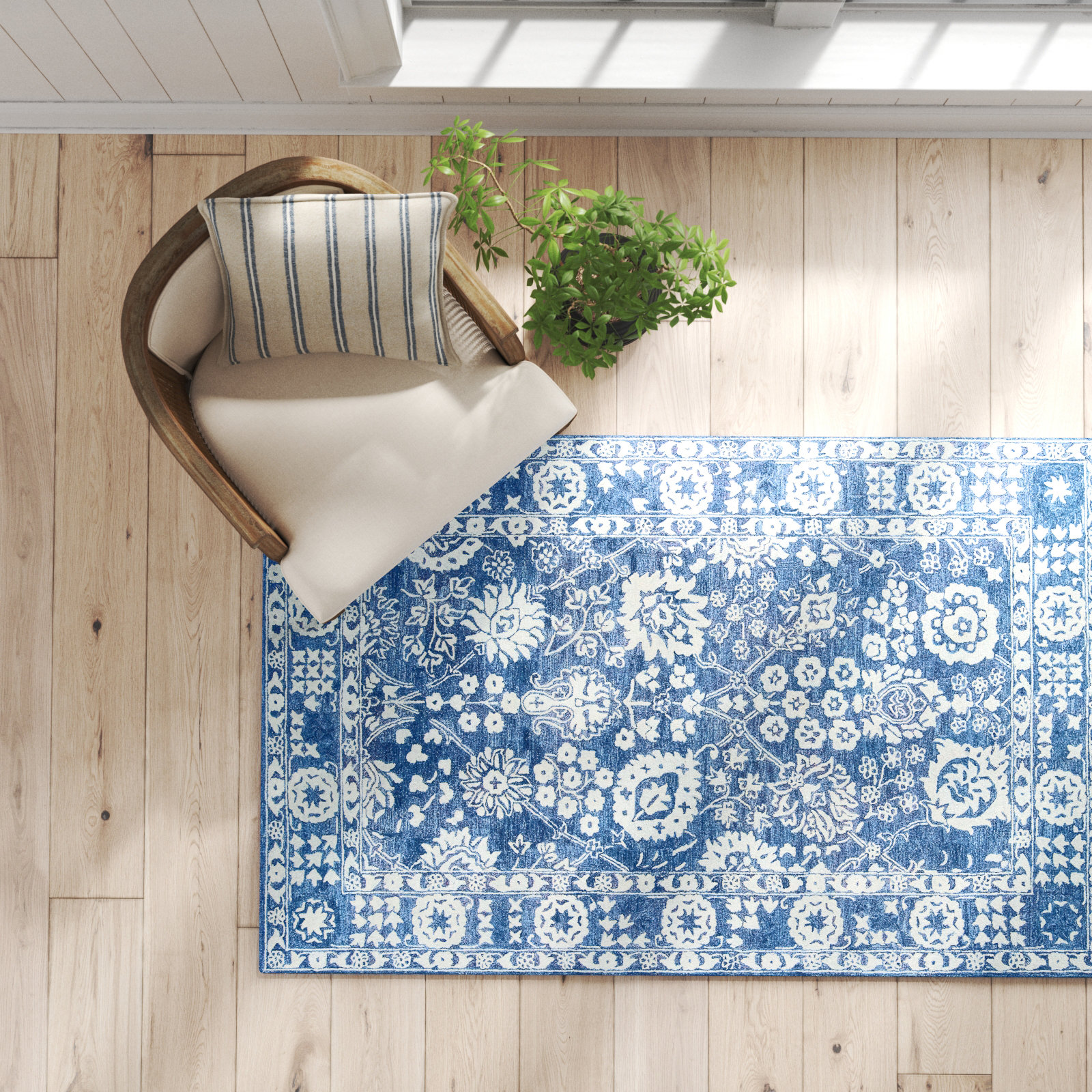 Cece Blue White Hand-Tufted Wool Oriental Rug, Rectangle 3'6" x 5'6"