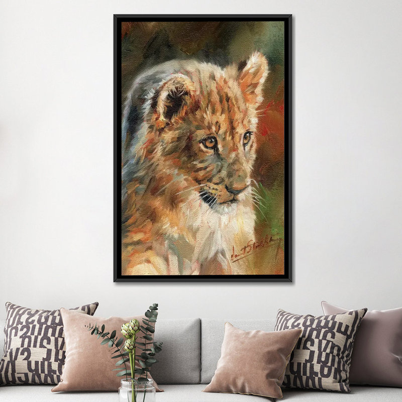 « lion cub », impression sur toile, H 26 po x l 18 po x P 1,5 po, Toile avec cadre noir, Pas de tapis