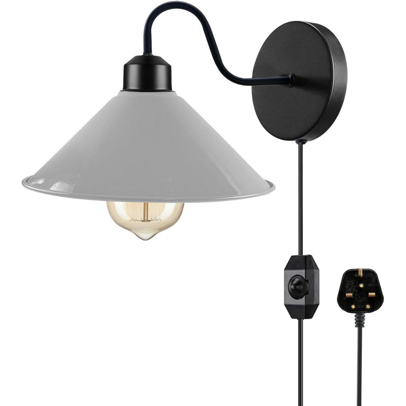 Industrial Modern Anayaa Plug-In Wall Sconce – Metal Cone Shade with Cord Dimmer for Easy Mounting, White