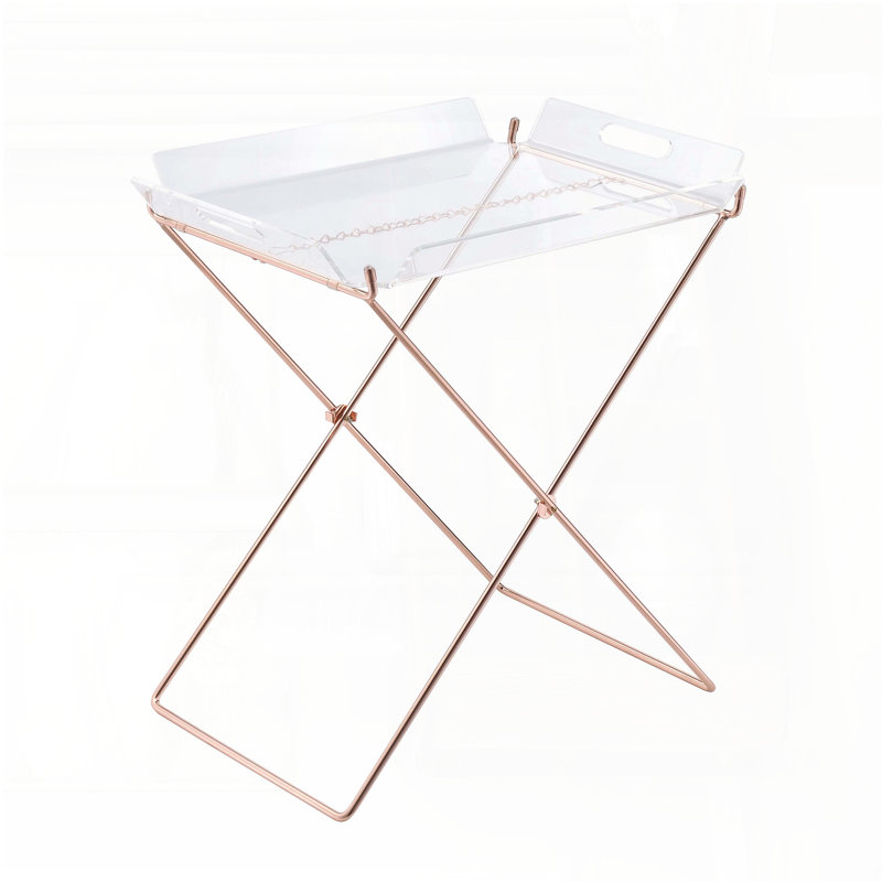 Table-plateau transparente en acrylique avec base en forme de croix en cuivre - plateau amovible