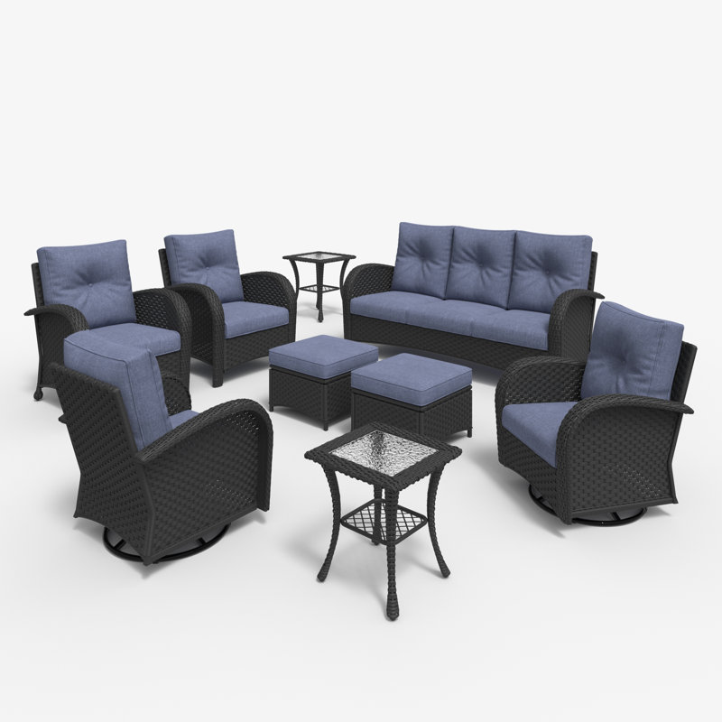 Lark Manor™ 9 Pieces Outdoor Patio Furniture Set, Rattan Wicker Sectional Swivel Rocker Chairs Sets, Navy, Black