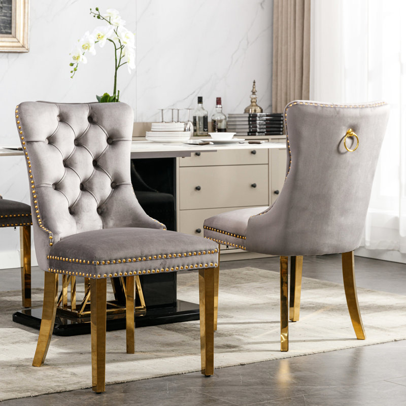 High Upholstered Dining Chair In Gray Velvet, 2 Chairs, With Golden Stainless Steel Plating Legs And Stunning Nailhead Trim Appearance, Sw1601gy Velvet Of 2, Gray, Appealing Trim,