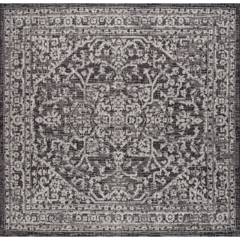 Massimo Bohemian Medallion Textured Weave Black/Gray Indoor/Outdoor Rug, Square 6'7"