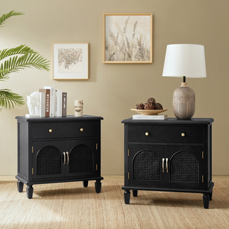 Dyals Traditional 27"Tall Nightstand Design Rattan Cabinet Doors  with Built-in Power Outlet and Adjustable Shelf (Set of 2)