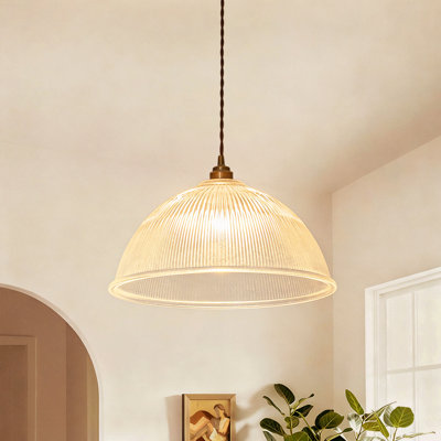 Vintage Large Single Light Dome-Shaped Striped Glass Pendant Light    