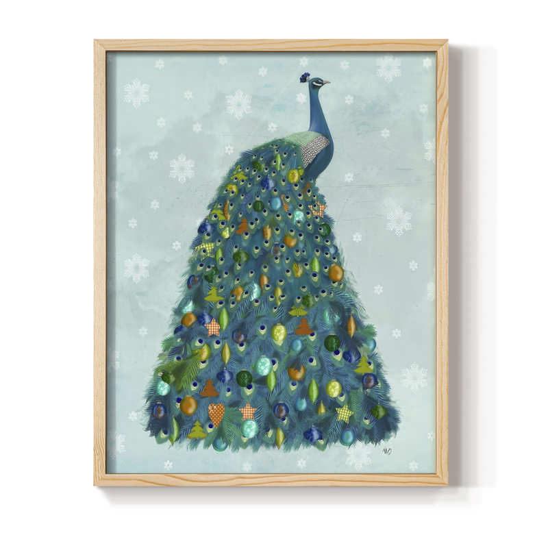 «Christmas Peacock Christmas Tree», reproduction encadrée - bois massif, H 15 po x l 12 po, Encadré naturel
