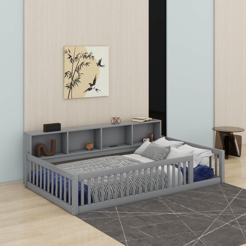 Lit simple au sol avec armoires et ports USB, Grey