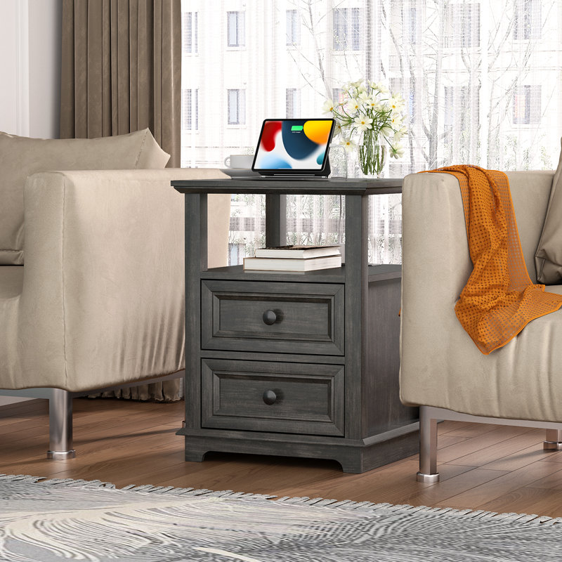 Bijal Tray Top 2 - Drawer End Table and Built-In Outlets, Black Top/Black Base