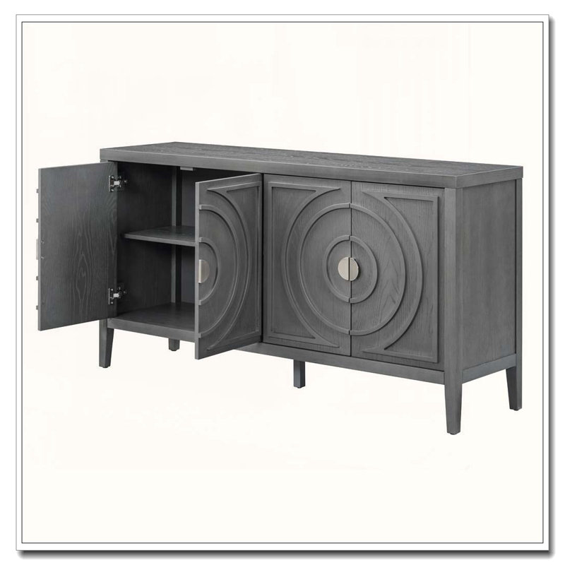 Retro 4-Door Sideboard with Circular Groove Design and Round Handles, Gray
