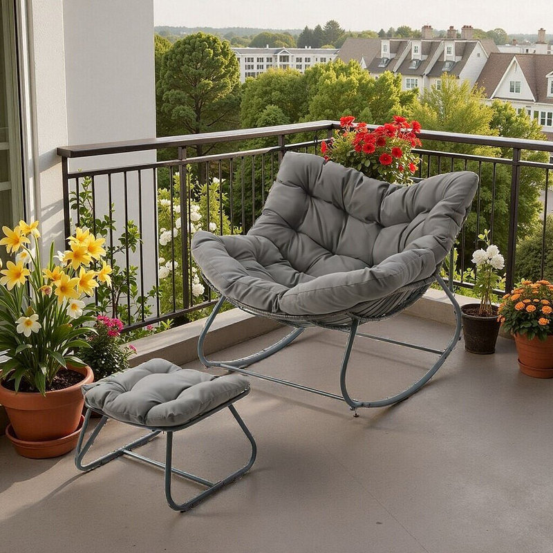 All-Weather Wicker Egg Rocking Chair With Ottoman, Plush Cushions, Indoor Outdoor Lounge, Gray