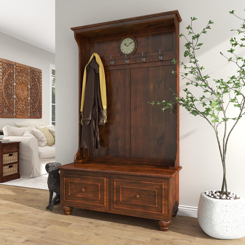 Wood Brown Coat Rack with Clock and Hooks