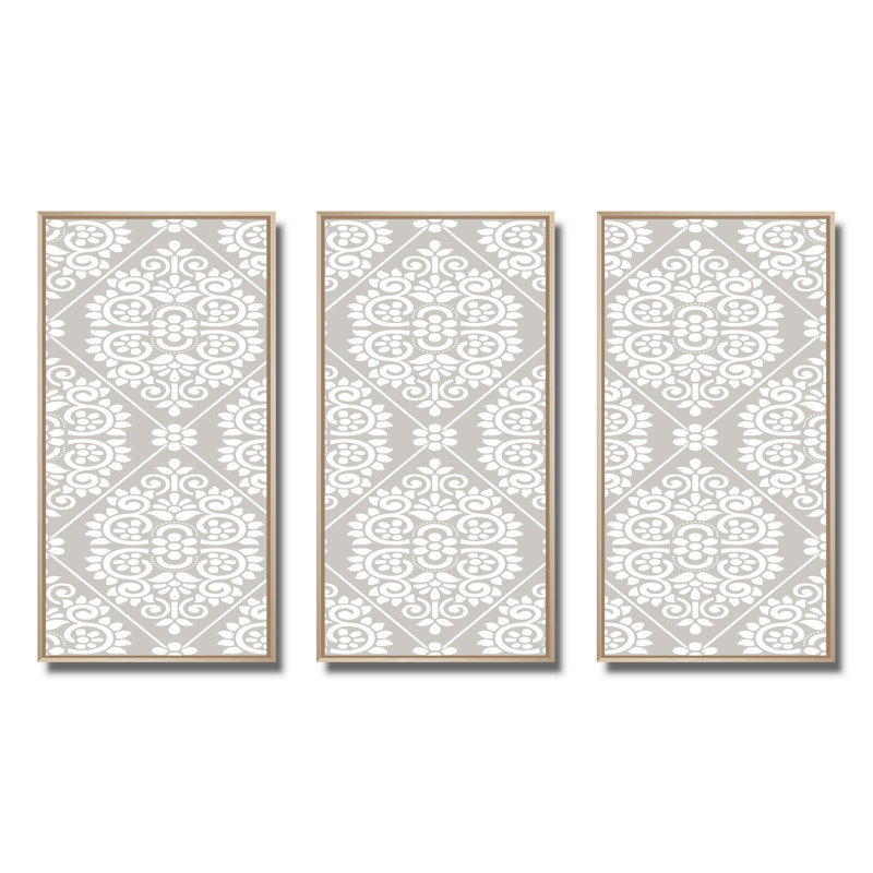 Damas gris clair et blanc - ensemble d'art mural sur toile encadré traditionnel, H 20 po x l 36 po x P 1 po, Brun