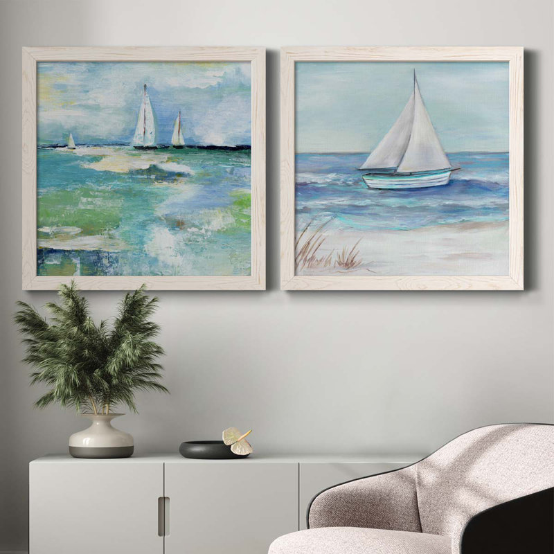 Jour sur le lac - ensemble de 2 peintures sur toile encadrées, H 35,5 po x l 71 po x P 1,5 po, Cadre blanc