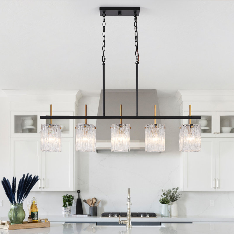Luminaire suspendu linéaire en verre noir pour îlot de cuisine à 5 lumières Harlune, Noir / dieu
