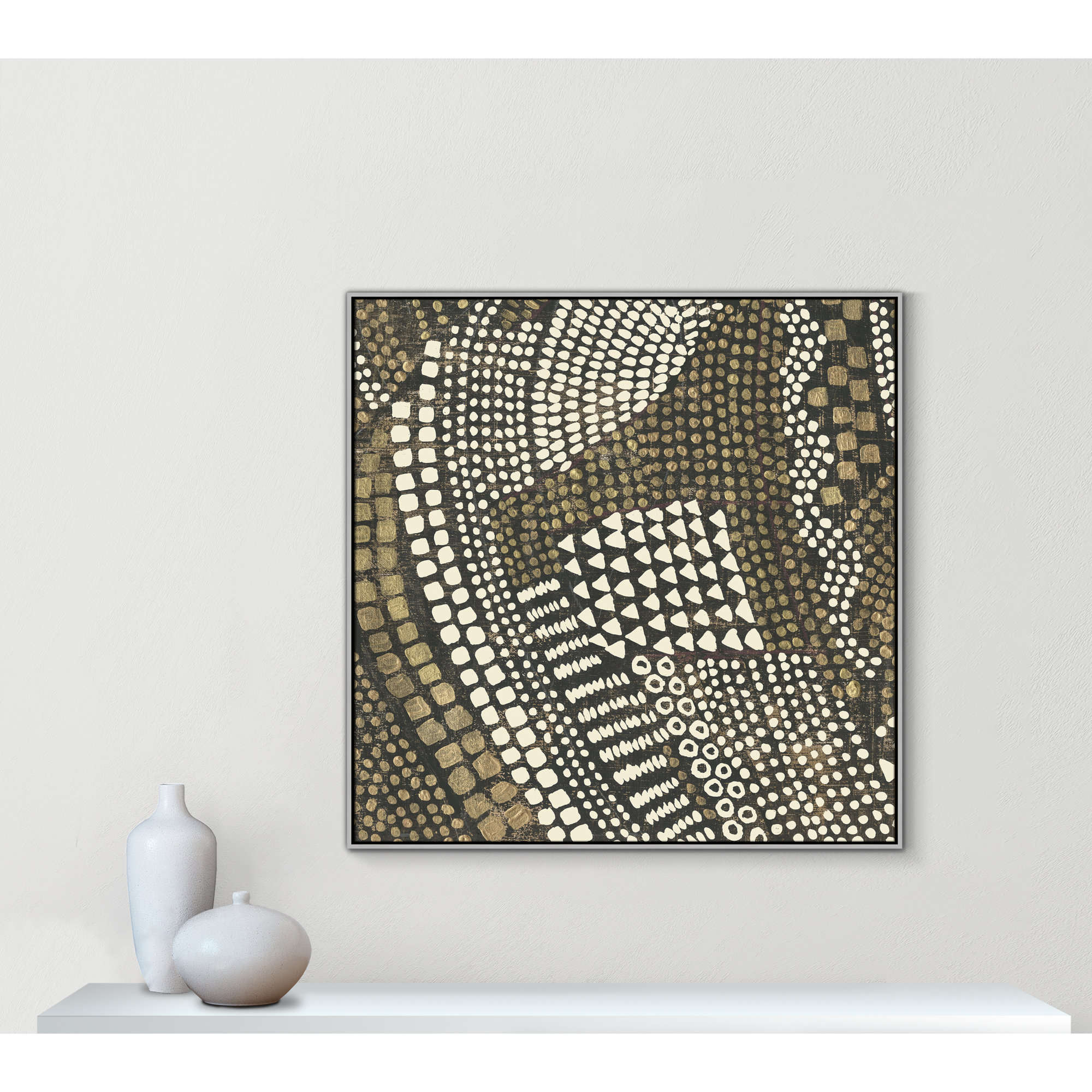 Reaching Gold III - Floater Frame Painting on Canvas, Silver Framed, 46.5" H x 46.5" W x 2" D