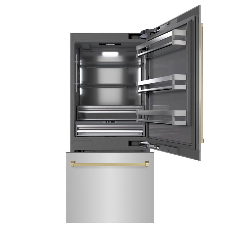 ZLINE Autograph Edition 36 in. 19.8 cu. ft. Built-In Bottom Freezer Refrigerator with Water Dispenser and Ice Maker in Stainless Steel with Graphite Gray Interior and Accents