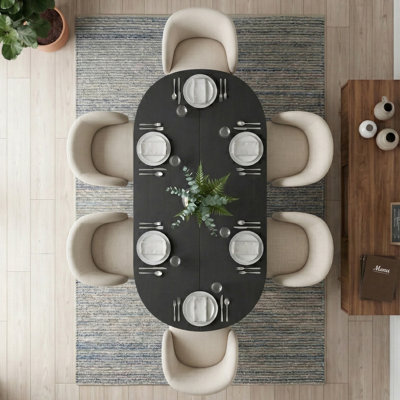 7-Piece Modern Oval Dining Table Set For 6 With Black Pedestal Base And 6 Upholstered Barrel Dining Chairs