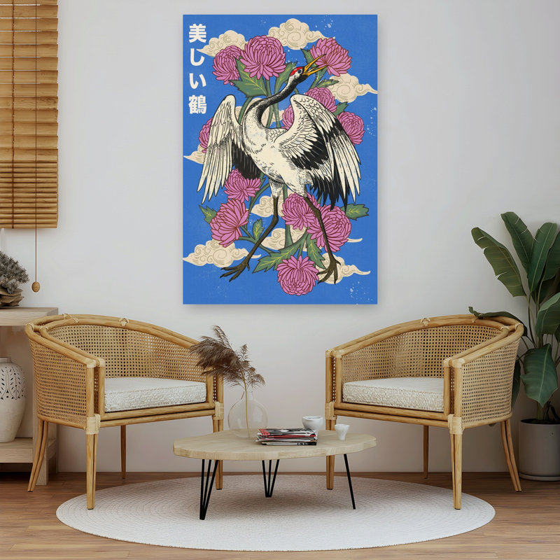 Elegant Japanese Crane Blooms Elegant Traditional Abstract Bird Chrysanthemum Nature Wildlife Wall Art Print 1 Piece Wrapped Canvas Wall Art