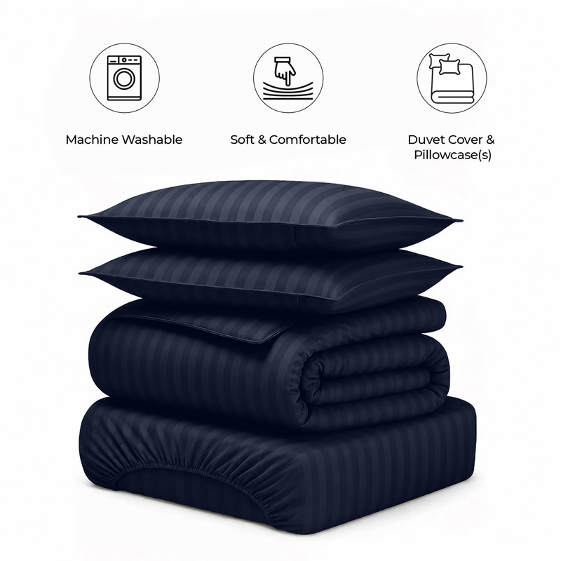 Haffa Microfiber Striped Duvet Cover Set with Pillowcases, Super King Duvet Cover + 2 Standard Pillowcases, Navy